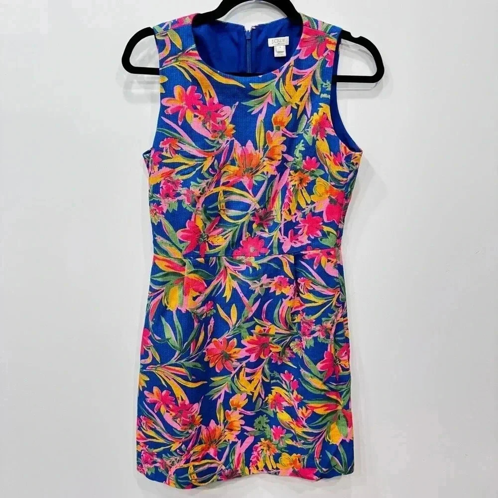 J. Crew Shift Dress Floral Tropical Vacation Beach Colorful Pleated Sleeveless 4